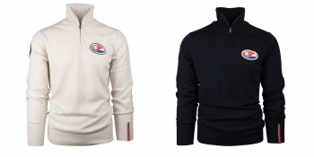 images of a cream and navy sweater with a 125th Sons of Norway anniversary patch