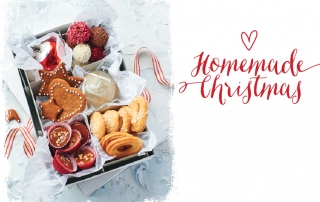 a box with various christmas cookies, next to copy, "Homemade Traditions"