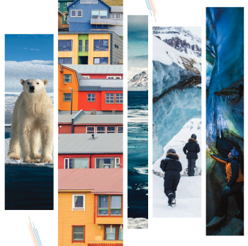 image collage of a polar bear, Nordic houses, hikers and ice caves