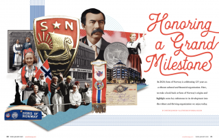 "Honoring a Grand Milestone" - magazine spread featuring Sons of Norway artifacts
