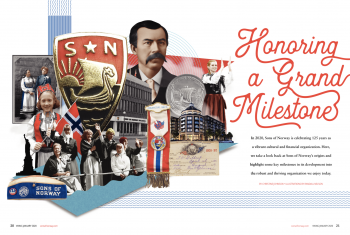 "Honoring a Grand Milestone" - magazine spread featuring Sons of Norway artifacts