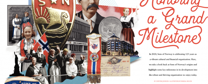 "Honoring a Grand Milestone" - magazine spread featuring Sons of Norway artifacts