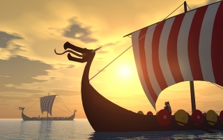 Computer generated 3D illustration with Viking ships