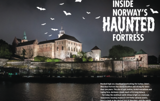 akershus fortress at night with an illustration of bats in the sky