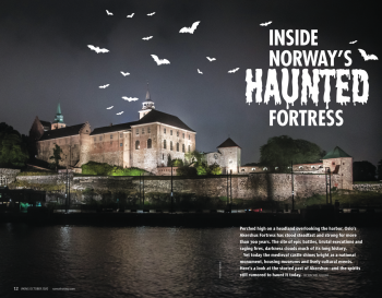 akershus fortress at night with an illustration of bats in the sky