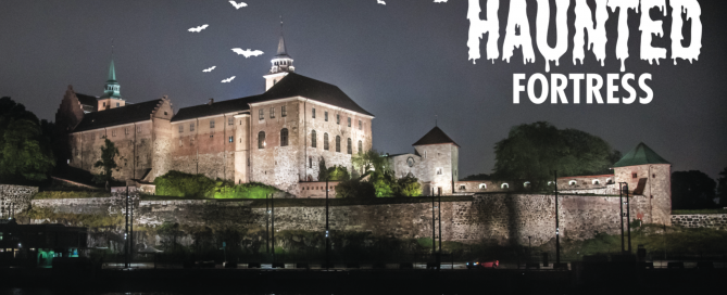 akershus fortress at night with an illustration of bats in the sky