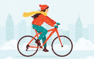 illustration of a woman riding a bike in snow