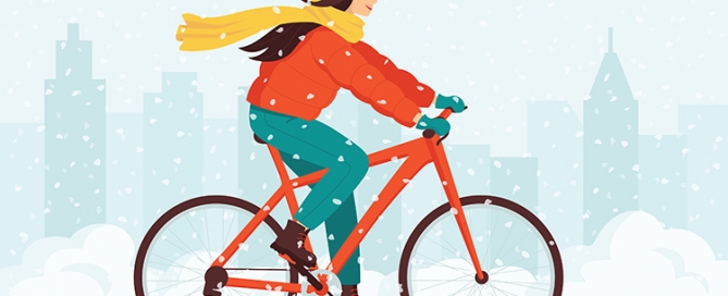illustration of a woman riding a bike in snow