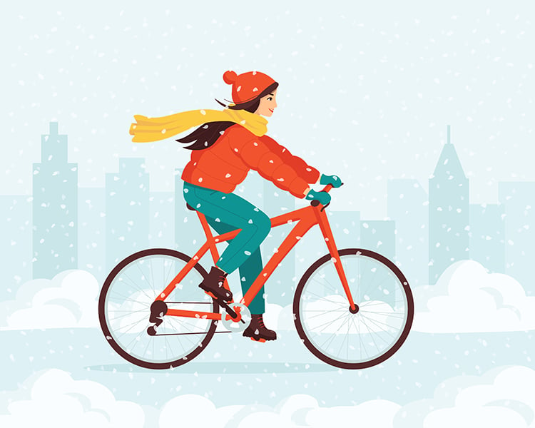 illustration of a woman riding a bike in snow