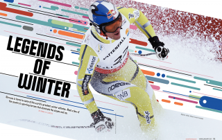 Legends of Winter text, with a man skiing downhill