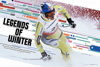 Legends of Winter text, with a man skiing downhill