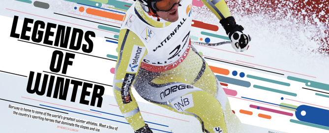 Legends of Winter text, with a man skiing downhill