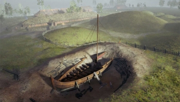 illustration of a viking longship on land