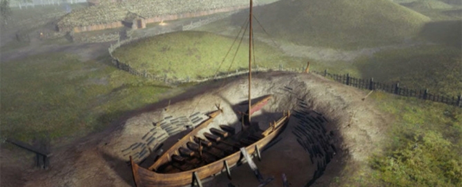 illustration of a viking longship on land