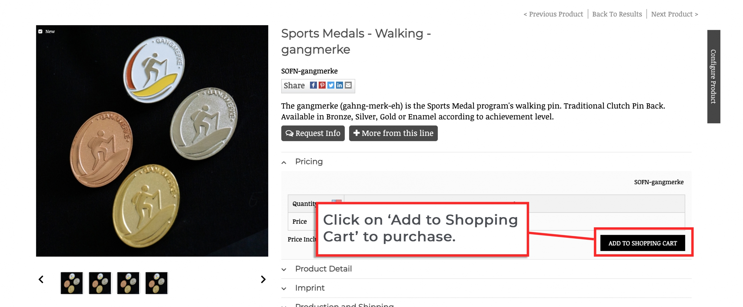 screen shot showing sports medals in the store. Select 