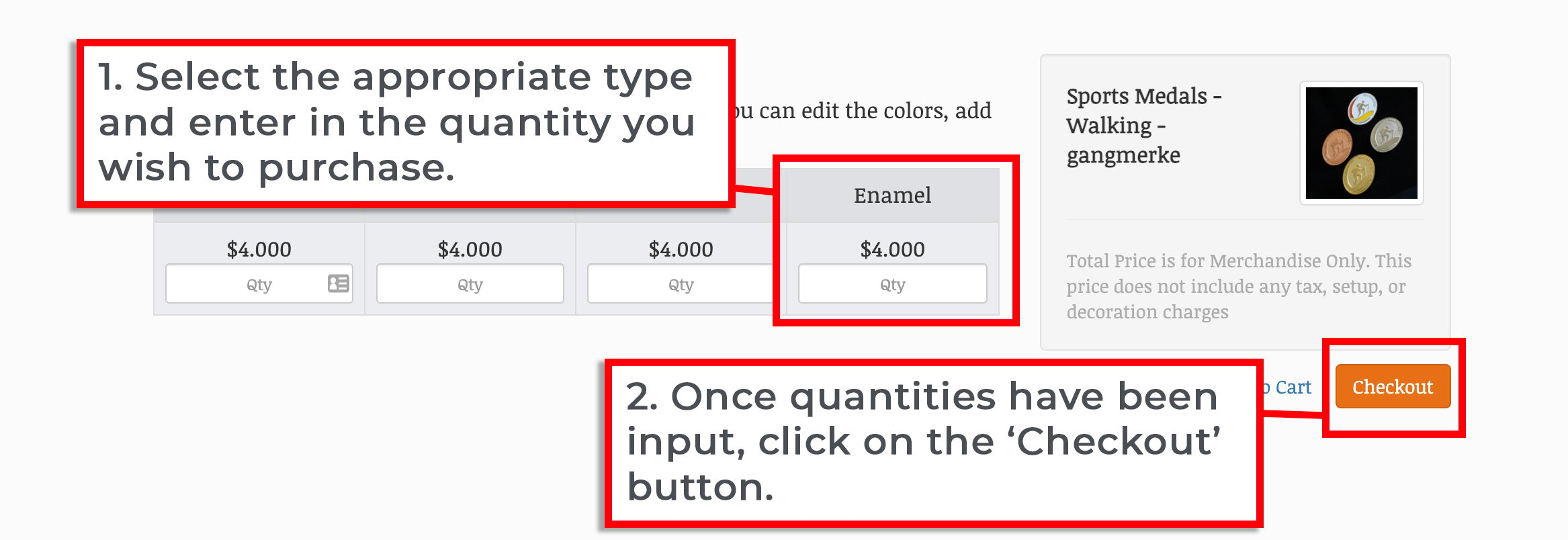 screen shot of add to cart process. 1. Select the appropriate type and enter in the quantity you wish to purchase. 2. Once quantities have been input, select the 