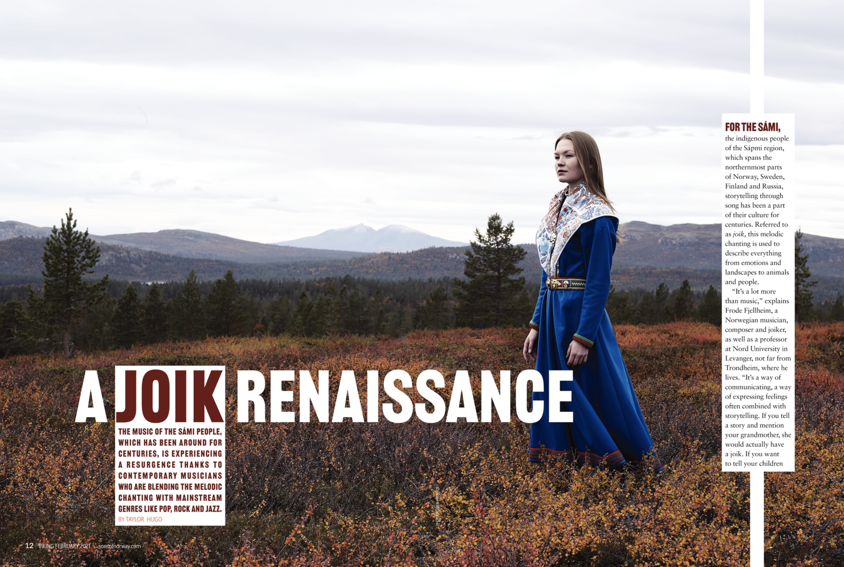 feature image of Viking magazine, Feb. 2021. A Sámi woman standing in a field, wearing a traditional costume.