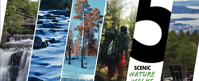 five images showing different scenery in Norway on various hiking trails.